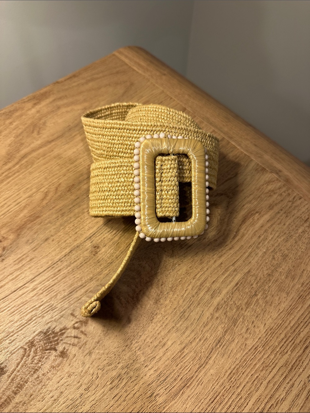 H&M Woven Straw Waist Belt in Mustard Yellow with Beaded Buckle